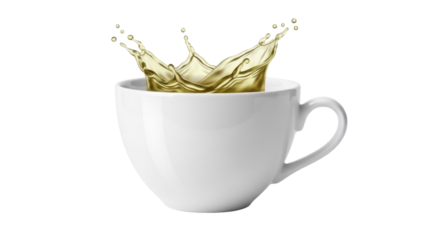 Golden liquid splashing in a white cup isolated PNG, olive oil or honey splash on transparent background, healthy food concept