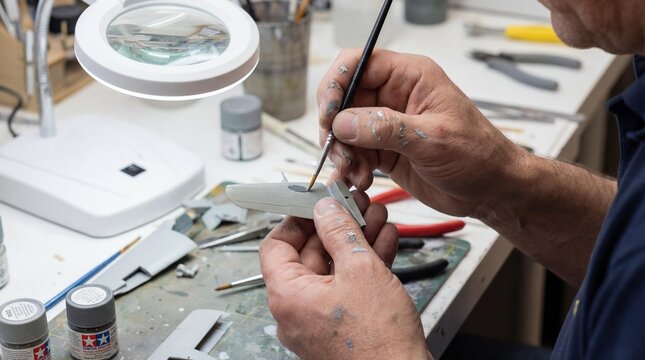 Hands painting model aircraft wing with fine brush close up macro view