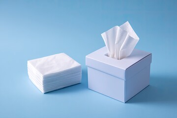 A white tissue box with tissues and a stack of tissues on blue