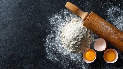 Baking ingredients flour, eggs, and a wooden rolling pin on a dark surface