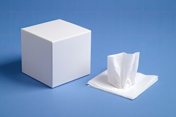 White tissue box and stack of tissues on a blue background