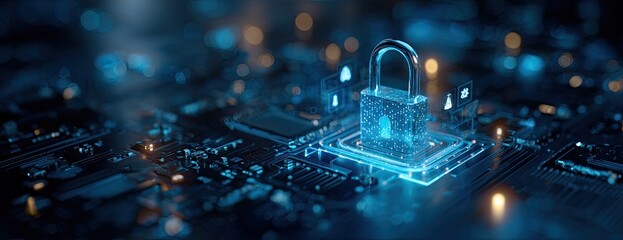 Glowing digital padlock floating above a circuit board, symbolizing security and protection