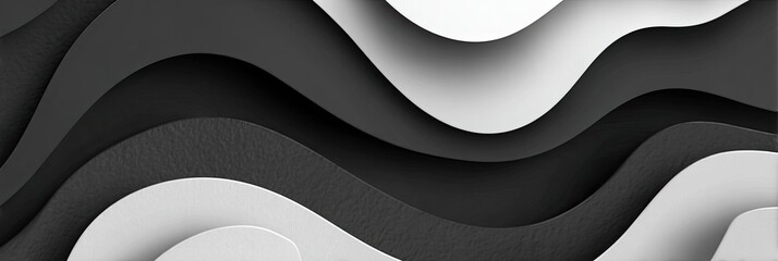 A layered abstract design featuring undulating waves in grayscale hues, creating a sense of depth