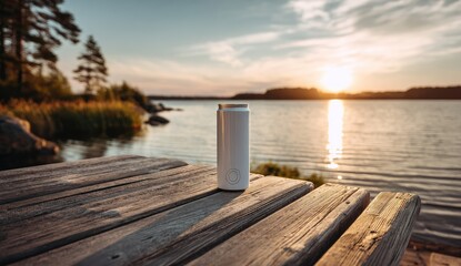 White cylinder container on rustic wooden dock by tranquil lake at sunset