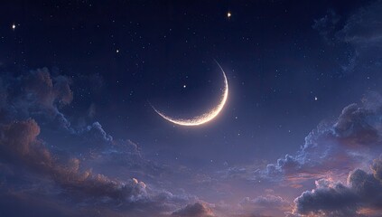 Crescent moon glows in a twilight sky with scattered stars and wispy clouds