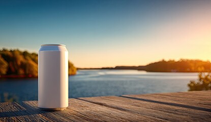 Blank aluminum can on a rustic wooden table overlooking a calm lake at sunset