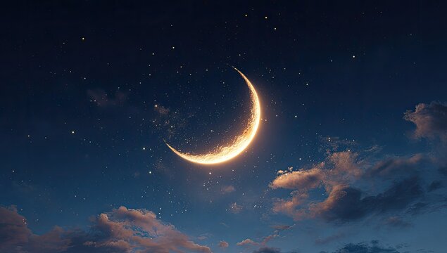 Glowing crescent moon hangs in a starry night sky with wispy clouds - Powered by Adobe