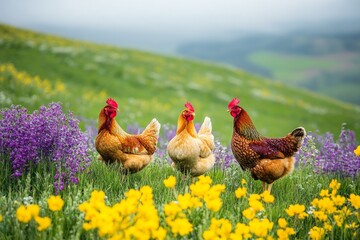 selective focus chickens roaming free on green organic pasture