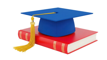 Graduation cap on book isolated PNG, academic mortarboard with tassel for education and learning success on transparent background