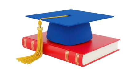 Graduation cap on book isolated PNG, academic mortarboard with tassel for education and learning success on transparent background