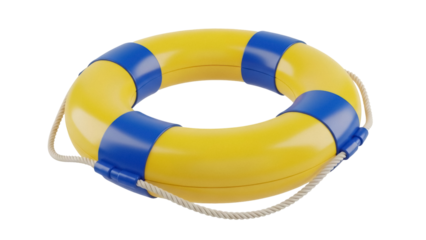 Yellow life buoy with blue stripes isolated PNG, safety equipment for water rescue and swimming pool emergency on transparent background