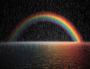 A vibrant rainbow arcs across a dark, rainy sky, reflected in water