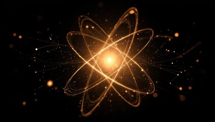 Animated representation of an atom, featuring orbiting particles, and luminescent spheres