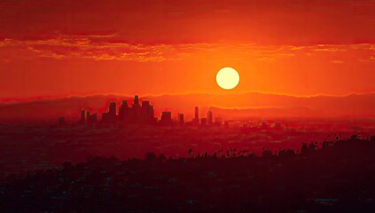 City skyline silhouetted against a vibrant, hazy orange sunset