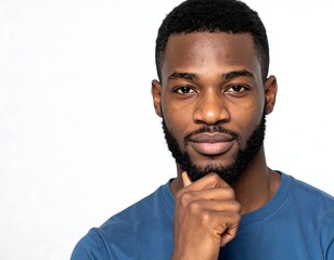 Obraz premium Portrait of a young, Black man looking directly at the viewer with a thoughtful expression, right hand on his chin