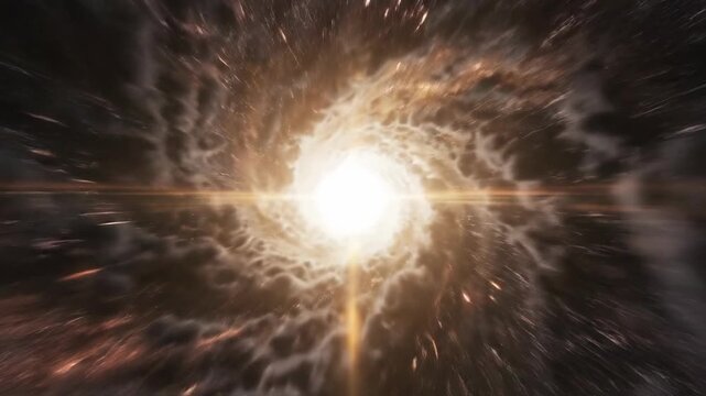 Dark cinematic vortex rotating rapidly into an infinite point of light, symbolizing ultimate power and the beginning of singularity unknown, abstract, visualization