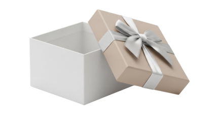 Open beige gift box with silver ribbon isolated PNG, present container for birthday or special occasion on transparent background