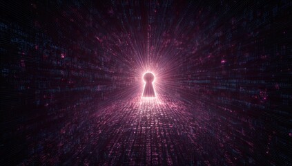 Glowing keyhole in digital tunnel of binary code, representing access and security