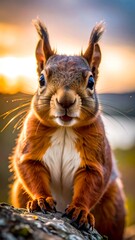 Close-up of a charming squirrel with red fur, eyes, and sunset bokeh