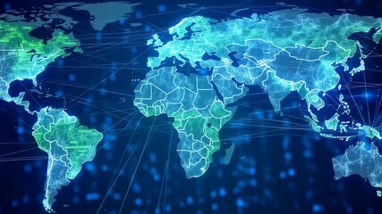 A digital depiction of a world map, illuminated and interconnected, highlighting global networks - Powered by Adobe