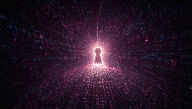 Glowing keyhole in digital tunnel of binary code, representing access and security - Powered by Adobe