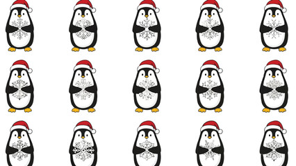 Seamless Pattern of Cute Christmas Penguins Wearing Santa Hats and Holding Snowflakes