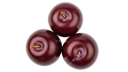 Three ripe plums PNG isolated on transparent background, fresh dark red fruit for healthy eating and summer dessert