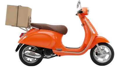 Fototapete Roller Orange vintage scooter with delivery box isolated PNG, classic Italian moped for urban transport and courier services on transparent background  © Cristian