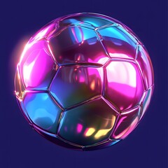 Naklejka premium Vibrant soccer ball with iridescent panels shimmers in a digital spotlight.