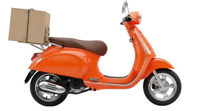 Orange vintage scooter with delivery box isolated PNG, classic Italian moped for urban transport and courier services on transparent background - Powered by Adobe