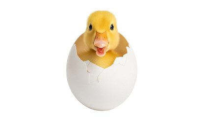 Adorable yellow duckling hatching from egg isolated PNG, cute baby bird emerging from cracked shell on transparent background