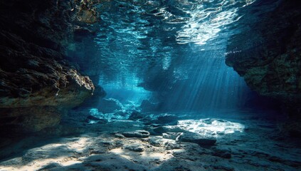Sunbeams pierce dark underwater cave illuminating rocky, sandy seabed