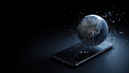 Globe erupts from smartphone screen in a burst of light and debris