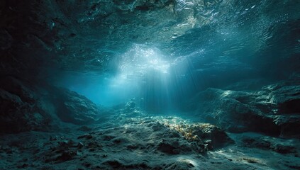 Obraz premium Sunbeams pierce underwater cave, illuminating rocky, sandy seabed below