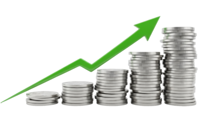 Green arrow pointing up with stacks of coins isolated PNG, financial growth and investment concept on transparent background