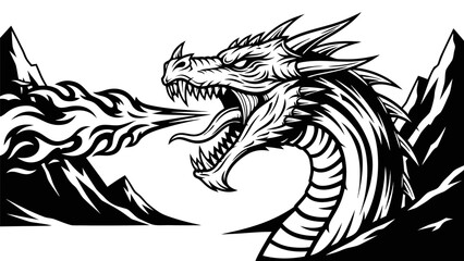 Fierce Dragon Breathing Fire Between Majestic Mountains - Epic Fantasy Illustration