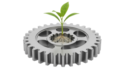 Silver gear with green plant isolated PNG, symbol of growth and development, sustainable industry and eco-friendly technology concept