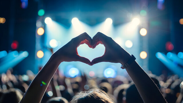 Cinematic concert background with hands forming heart shape, silhouette of fan showing love gesture at music festival, blue stage lights and bokeh, nightlife entertainment, energetic live performance. - Powered by Adobe