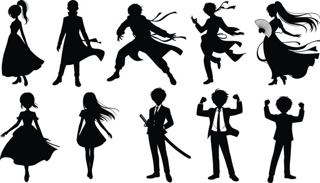 Collection Of Anime Style Character Silhouettes On White Background vector illustration