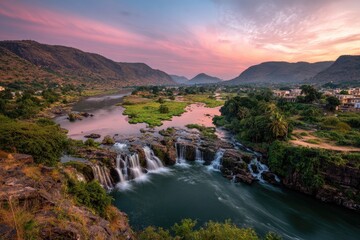 Scenic dusk view of a waterfall cascading into a river, framed by hills and a colorful sky