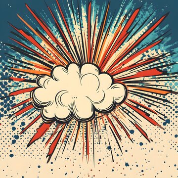 Retro comic book explosion graphic with vibrant colors and halftone effect.