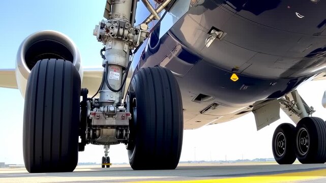 Close-up shot of an aircraft's landing gear, showing tires, suspension, and the underside of the fuselage