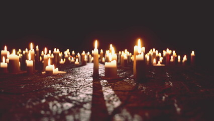 Soft candlelight fills a dimly lit room, creating a serene atmosphere. Wax candles of various heights flicker gently, casting warm shadows across the textured surface beneath.