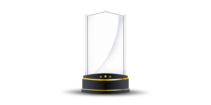 Glass shield trophy award with gold stars isolated on white background for business achievement and corporate recognition design