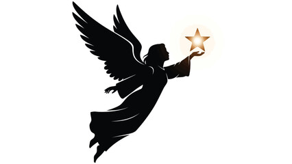 Silhouette of a Guardian Angel Flying and Holding a Glowing Star in Hands