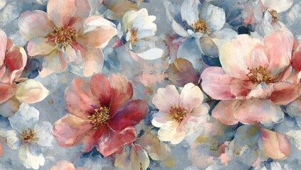 Watercolor floral design with pastel peach, pink, and blue hues on a textured background