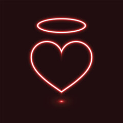A glowing neon heart with a halo symbolizing angelic love and purity in a dark setting