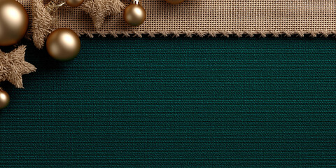 Rustic burlap edge with golden ornaments contrasts deep green woven surface.