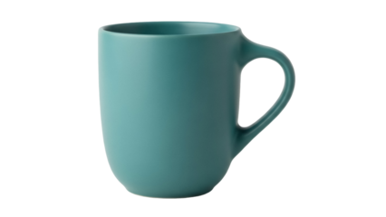 Teal ceramic mug isolated PNG on transparent background, modern drinkware for coffee and tea, minimalist design for kitchenware and home decor