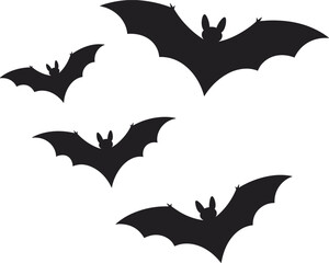 Fototapeta premium Four Black Silhouette Bats Flying on a White Background Keywords: bats, silhouette, flying, halloween, spooky, night, creature